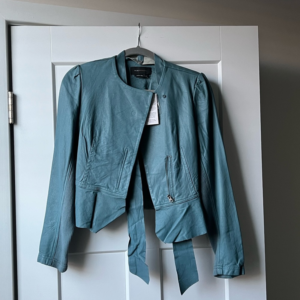 BCBG leather jacket, Size Small, teal color